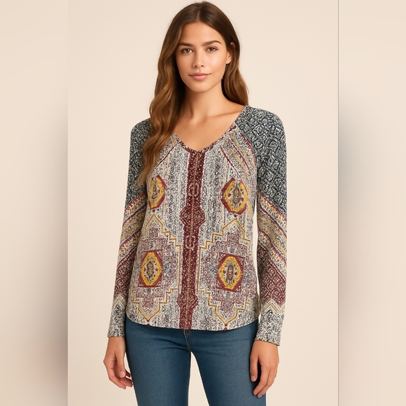 Tribal Tops - Tribal Jeans Aztec Print Tunic Blouse | V-Neck | Bohemian Style | Rayon Size M